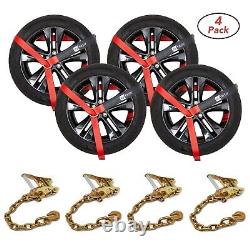 RYTASH Red Lasso Car Wheel Tie Down Ratchet Straps with Chain Anchors 4 Pack